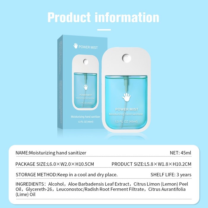 China Warehosue 45ml Power Mist Moisturizing Hand Sanitizer
