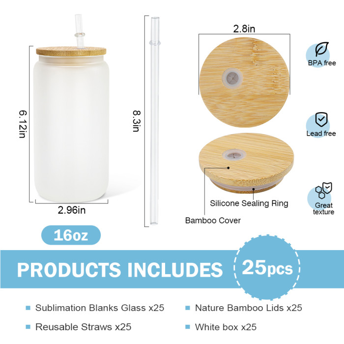 RTS US Warehosue 16oz clear/frosted sublimation glass Cup with bamboo lid+plastic straw