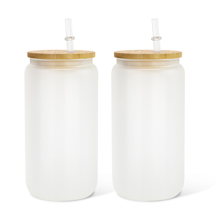 RTS US Warehosue 16oz clear/frosted sublimation glass Cup with bamboo lid+plastic straw