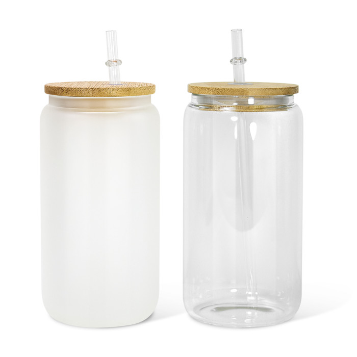 RTS US Warehosue 16oz clear/frosted sublimation glass Cup with bamboo lid+plastic straw