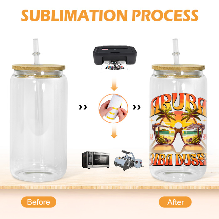 RTS US Warehosue 16oz clear/frosted sublimation glass Cup with bamboo lid+plastic straw