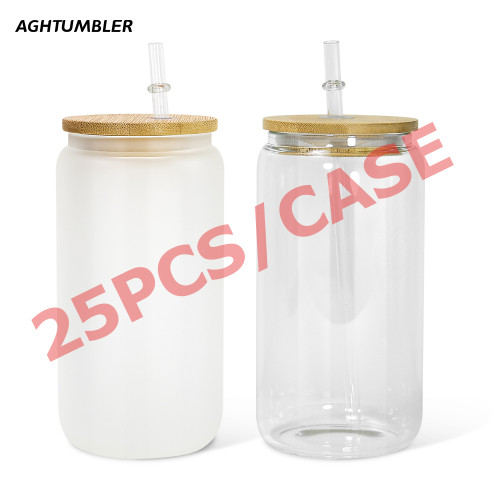 RTS US Warehosue 16oz clear/frosted sublimation glass Cup with bamboo lid+plastic straw