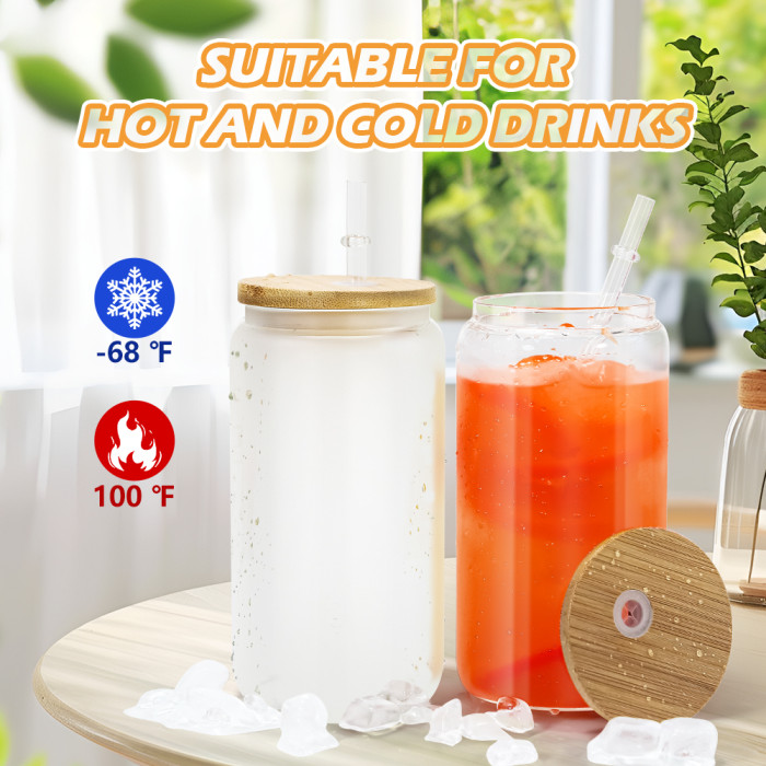 RTS US Warehosue 16oz clear/frosted sublimation glass Cup with bamboo lid+plastic straw