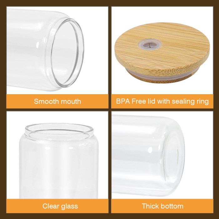 RTS US Warehosue 16oz clear/frosted sublimation glass Cup with bamboo lid+plastic straw