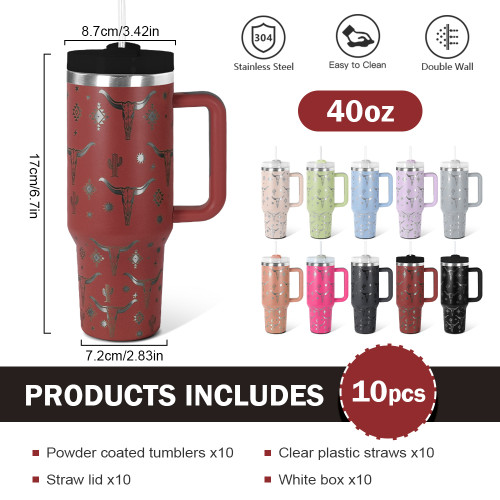 US Warehouse Western H2 40OZ powder coated tumbler with laser cow printing