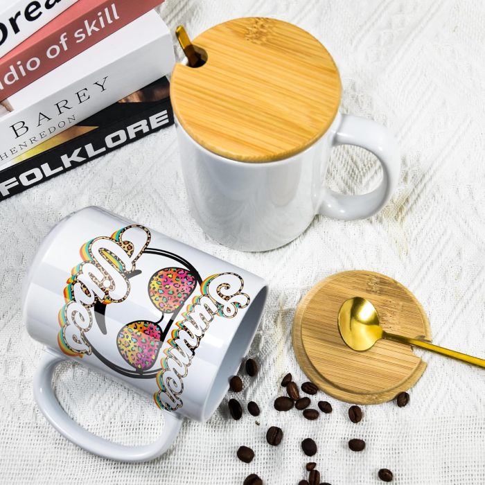 US Warehouse 15oz sublimation ceramic coffee mug with bamboo lids+Gold stainless steel spoon