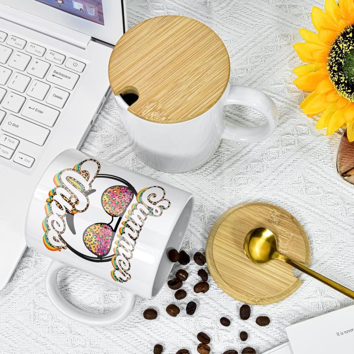 US Warehouse 11oz sublimation ceramic coffee mug with bamboo lids+Gold stainless steel spoon