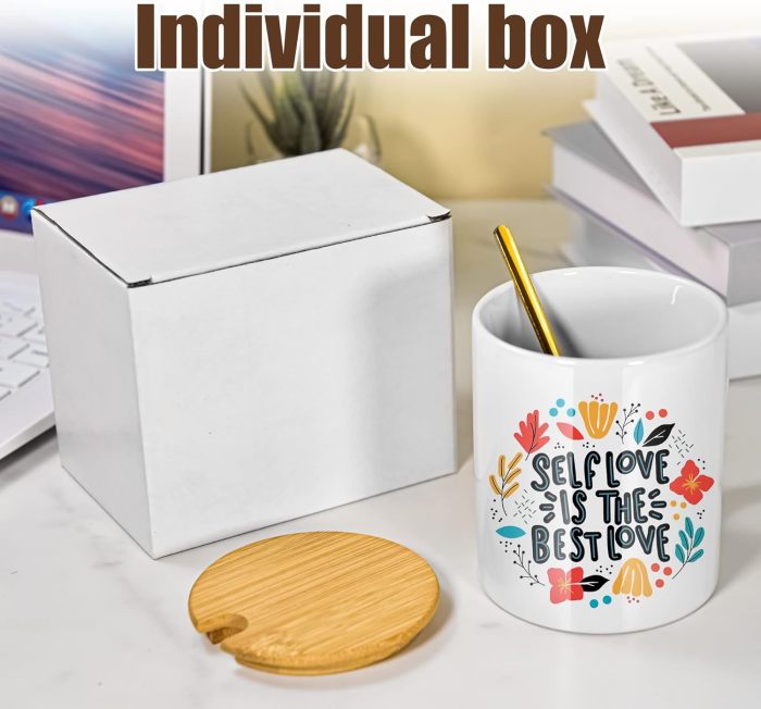 US Warehouse 11oz sublimation ceramic coffee mug with bamboo lids+Gold stainless steel spoon