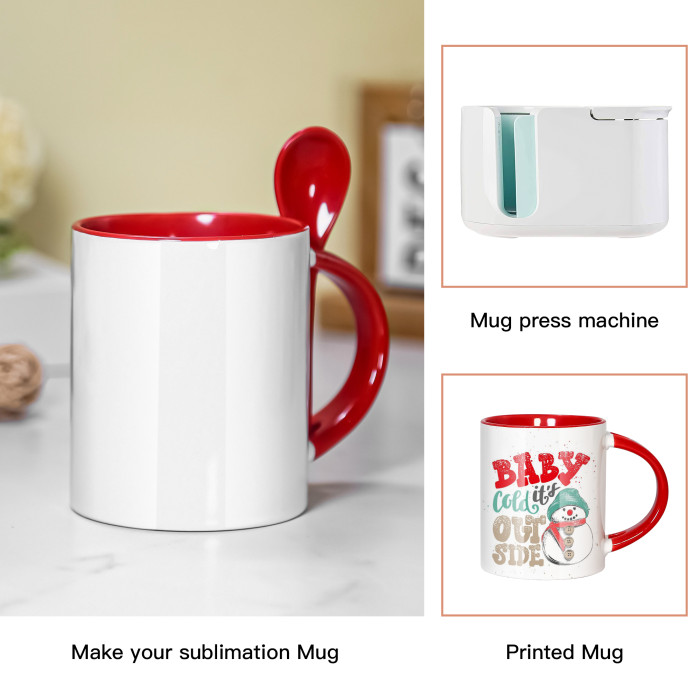 US Warehouse 11oz sublimation ceramic coffee Mug with Red spoon