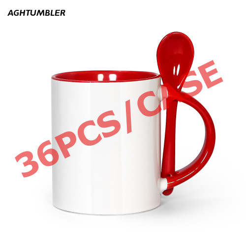 US Warehouse 11oz sublimation ceramic coffee Mug with Red spoon