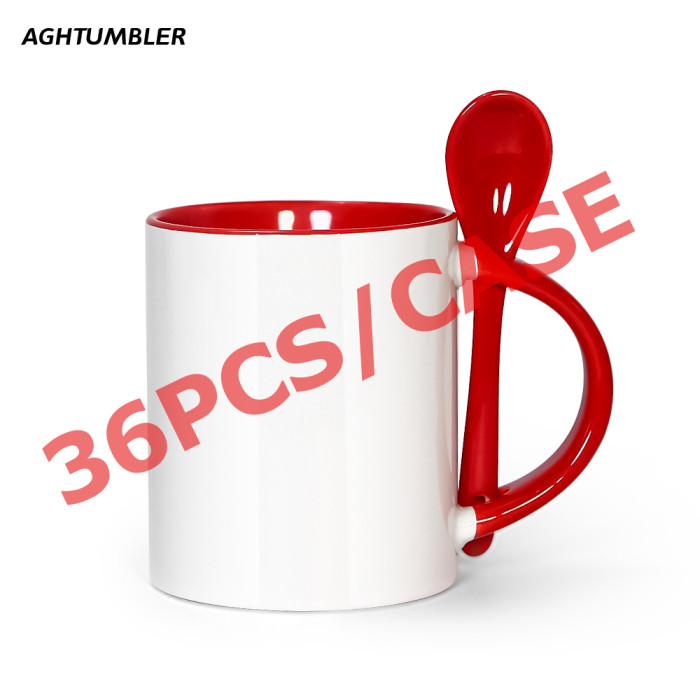 US Warehouse 11oz sublimation ceramic coffee Mug with Red spoon