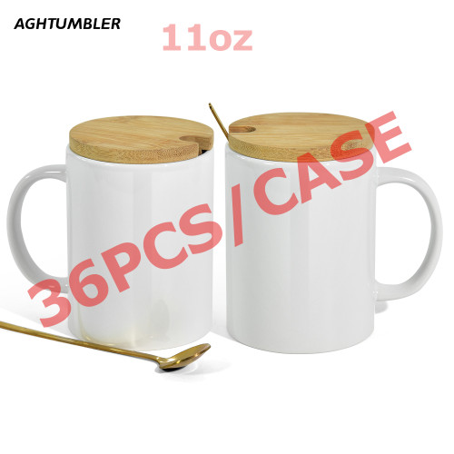 US Warehouse 11oz sublimation ceramic coffee mug with bamboo lids+Gold stainless steel spoon