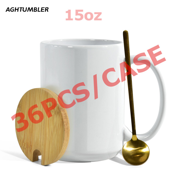 US Warehouse 15oz sublimation ceramic coffee mug with bamboo lids+Gold stainless steel spoon