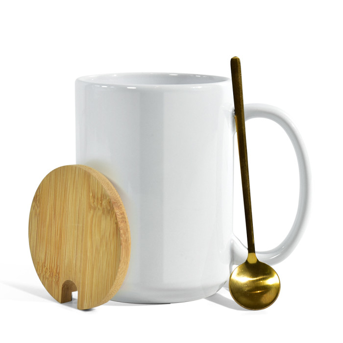 US Warehouse 15oz sublimation ceramic coffee mug with bamboo lids+Gold stainless steel spoon