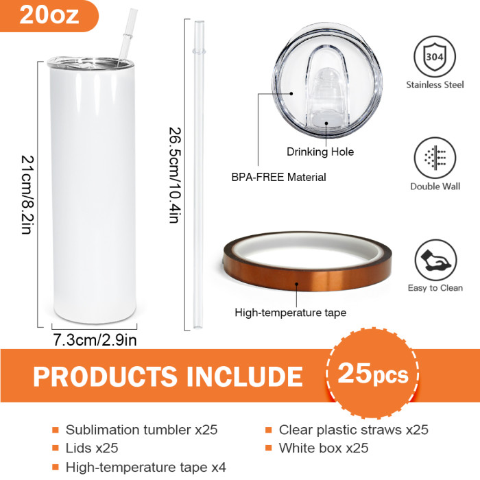 US Warehouse 20oz sublimation straight skinny tumblers with heat resistant tape