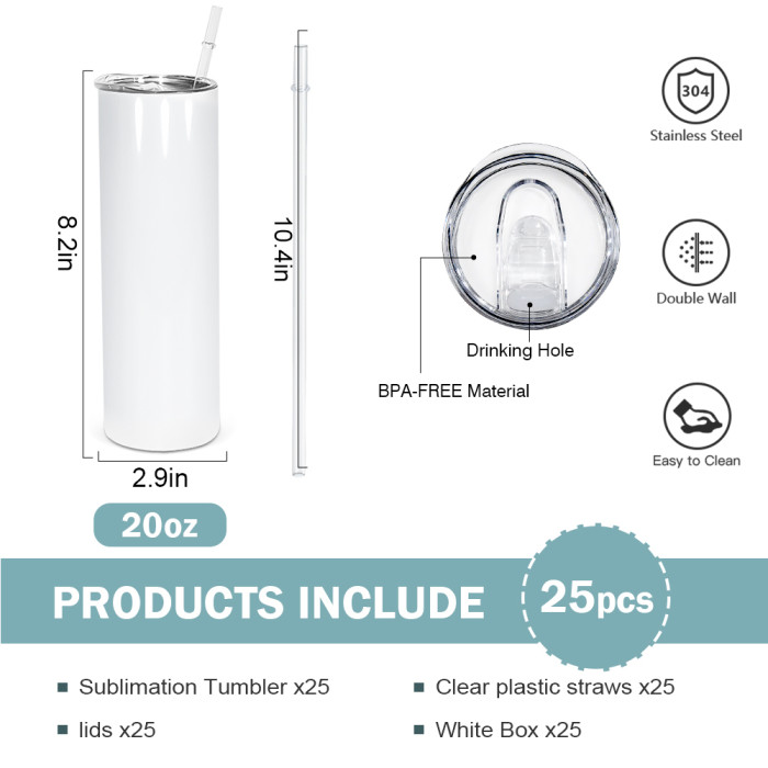 US Warehouse 20oz sublimation blanks straight skinny tumblers with plastic straw