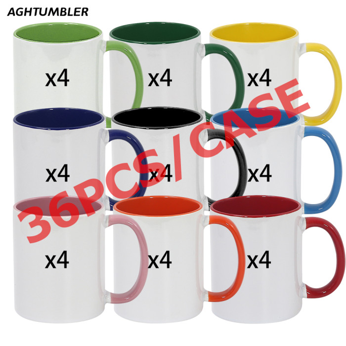 US Warehouse 11oz sublimation ceramic coffee mug with colored inside and colored handle