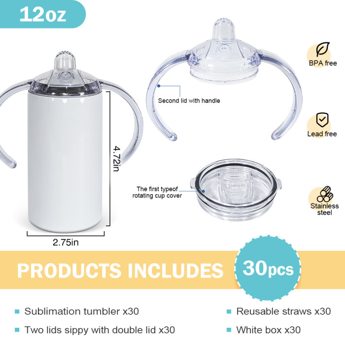 US Warehouse 12oz Sublimation Straight Sippy Cup with dual lids