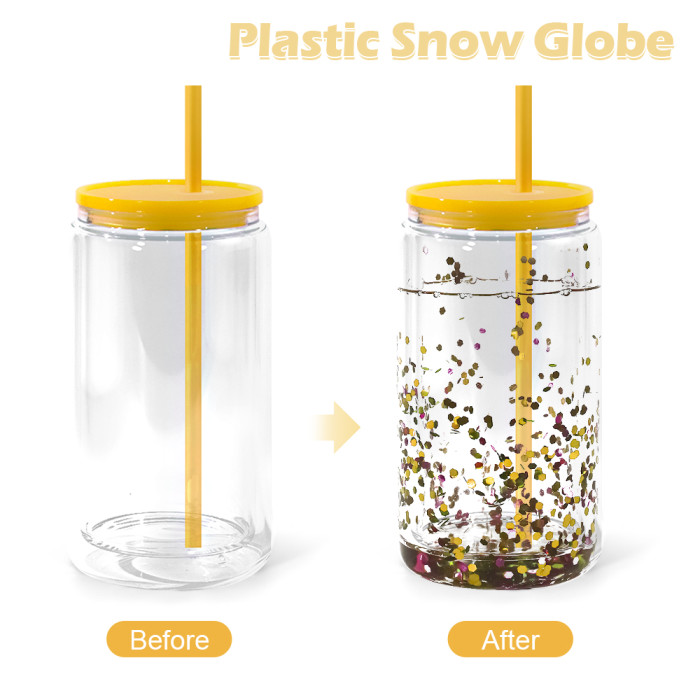 US Warehouse 16oz clear plastic snow globe Cup with colored lids/Straw