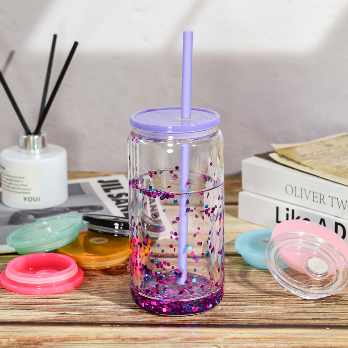 US Warehouse 16oz clear plastic snow globe Cup with colored lids/Straw
