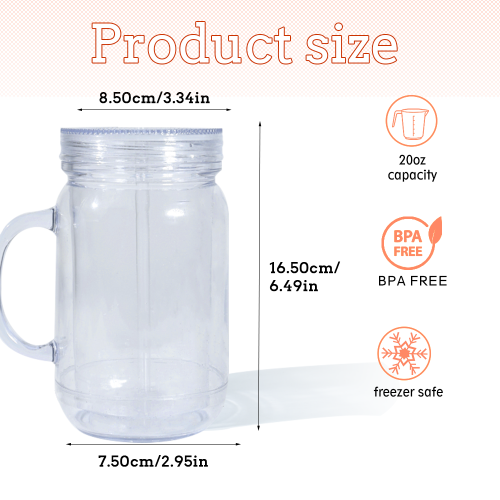 US Warehouse 20oz clear Acrylic plastic snow globe Cup with Handle and Plugs,pre-hole