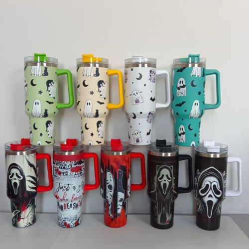 China Warehouse Ghost Printing 40oz Powder Coated tumbler Hallowmas Tumbler