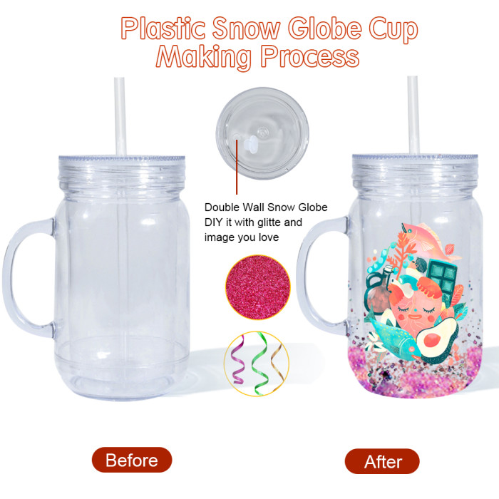 US Warehouse 20oz clear Acrylic plastic snow globe Cup with Handle and Plugs,pre-hole