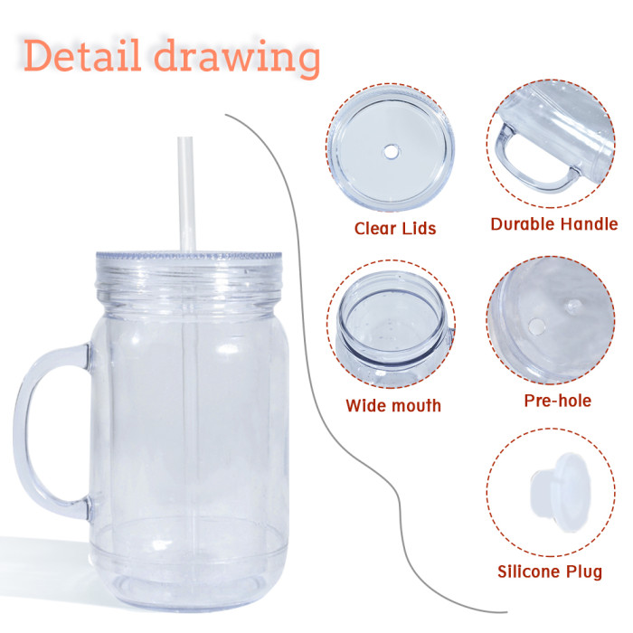 US Warehouse 20oz clear Acrylic plastic snow globe Cup with Handle and Plugs,pre-hole