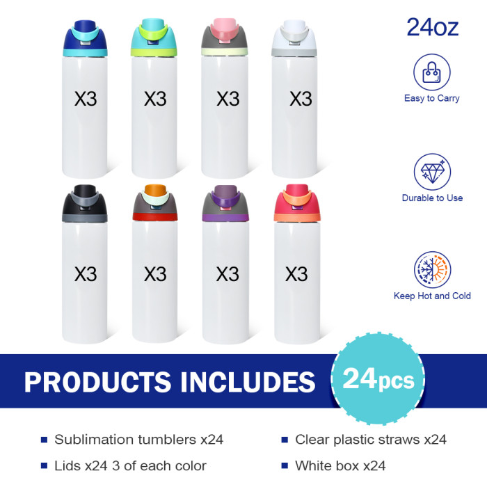 US Warehouse No Pit 24oz sublimation water bottle FreeSip Insulated Stainless Steel Water Bottle with Straw