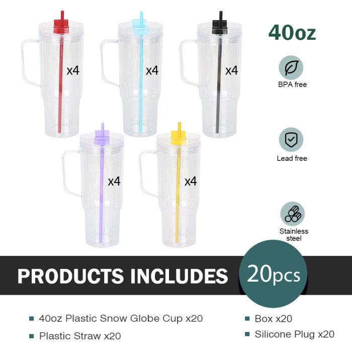 US Warehouse 40oz clear Acrylic plastic snow globe Cup with colored straws+plugs