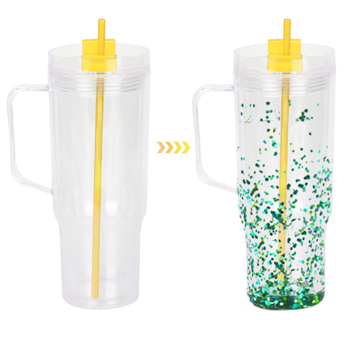 US Warehouse 40oz clear Acrylic plastic snow globe Cup with plugs Mixed colored lid and straw