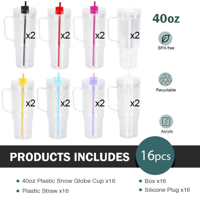 US Warehouse 40oz clear Acrylic plastic snow globe Cup with plugs Mixed colored lid and straw