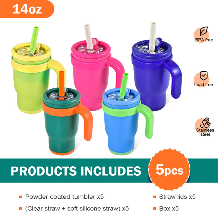 US Warehouse 14oz powder coated Colored Stainless Steel Kids water bottle Cups Tumblers