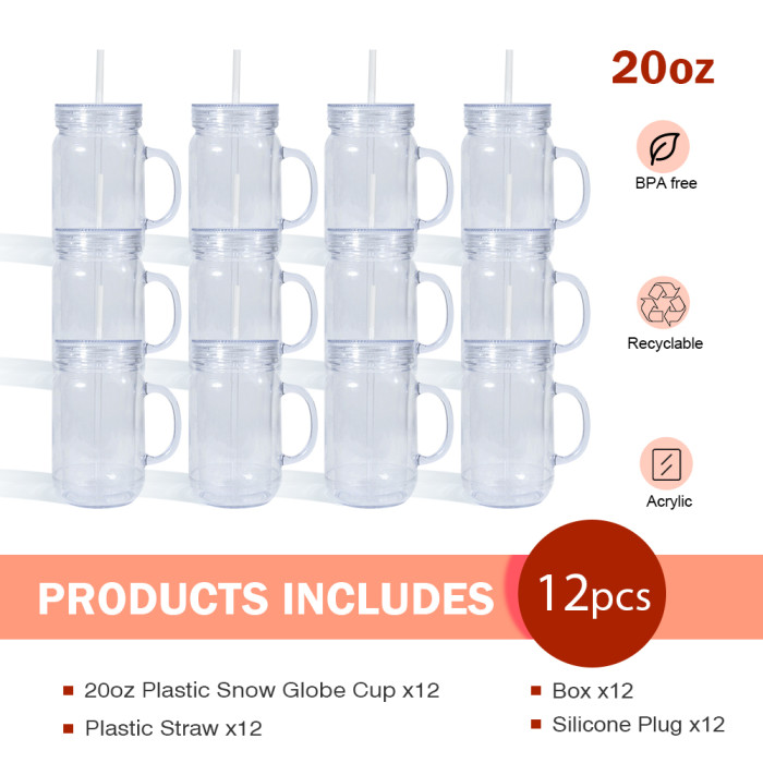 US Warehouse 20oz clear Acrylic plastic snow globe Cup with Handle and Plugs,pre-hole
