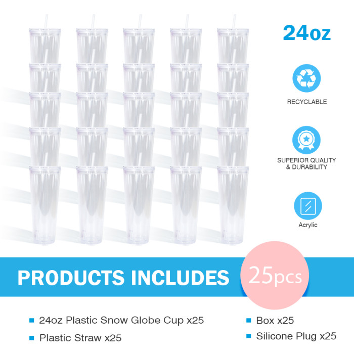 US warehosue BPA Free Double Wall Acrylic 24oz Clear Snow Globe Plastic Cup