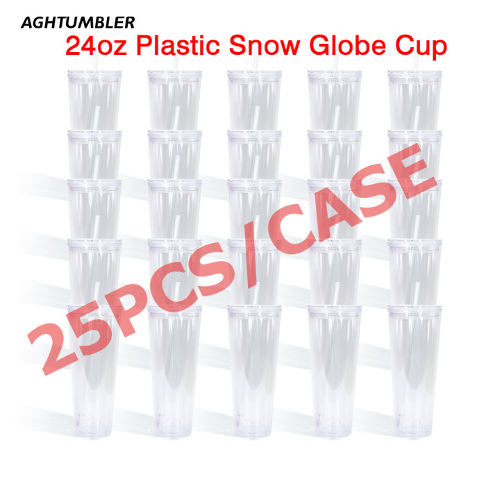 US warehosue BPA Free Double Wall Acrylic 24oz Clear Snow Globe Plastic Cup