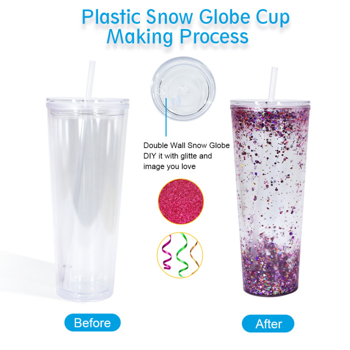 US warehosue BPA Free Double Wall Acrylic 24oz Clear Snow Globe Plastic Cup