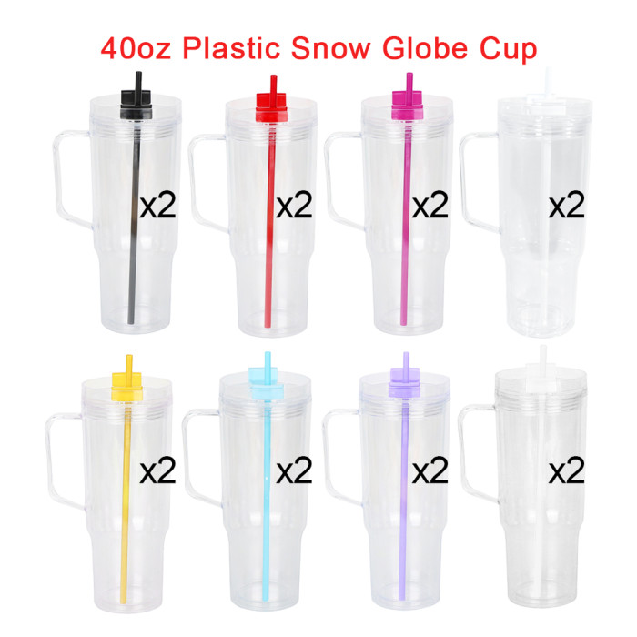 US Warehouse 40oz clear Acrylic plastic snow globe Cup with plugs Mixed colored lid and straw