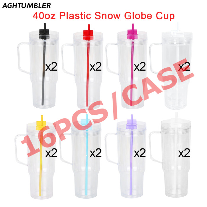 US Warehouse 40oz clear Acrylic plastic snow globe Cup with plugs Mixed colored lid and straw