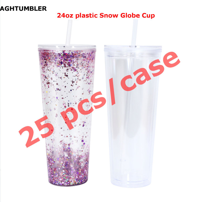 US warehosue 24oz Double Wall Acrylic Clear Snow Globe Plastic Cup BPA Free