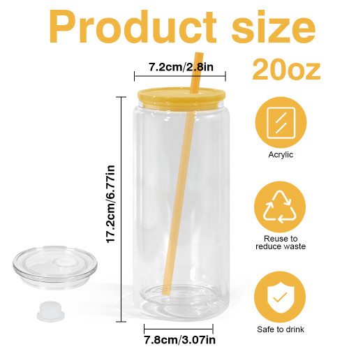 US Warehouse 20oz clear Acrylic plastic snow globe Cup with colored lids/Straw,pre-hole