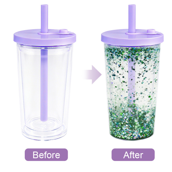 US warehosue 16oz Acrylic Clear Snow Globe Cup with Colored leakproof lid+straw,pre-hole with plug