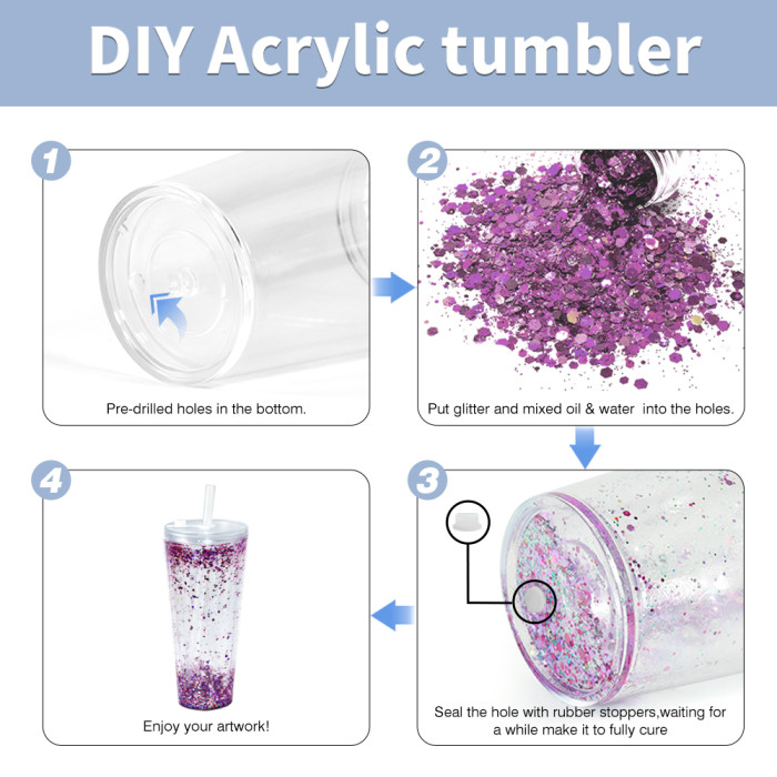 US warehosue 24oz Acrylic Clear Snow Globe Cup with Clear leakproof lid+straw,pre-hole with plug