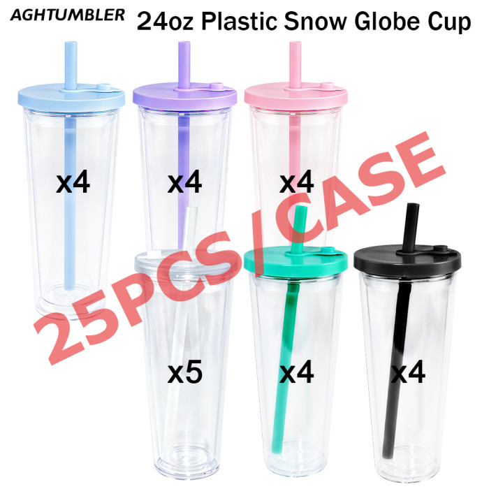US warehosue 24oz Double Wall Acrylic Clear Snow Globe Cup with Colored leakproof lid+straw,pre-hole with plug