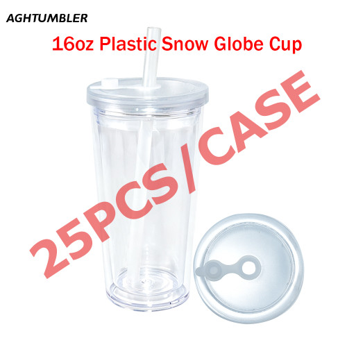 US warehosue 16oz Acrylic Clear Snow Globe Cup with Cler leakproof lid+straw,pre-hole with plug