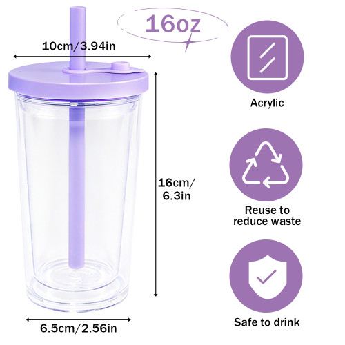 US warehosue 16oz Acrylic Clear Snow Globe Cup with Colored leakproof lid+straw,pre-hole with plug