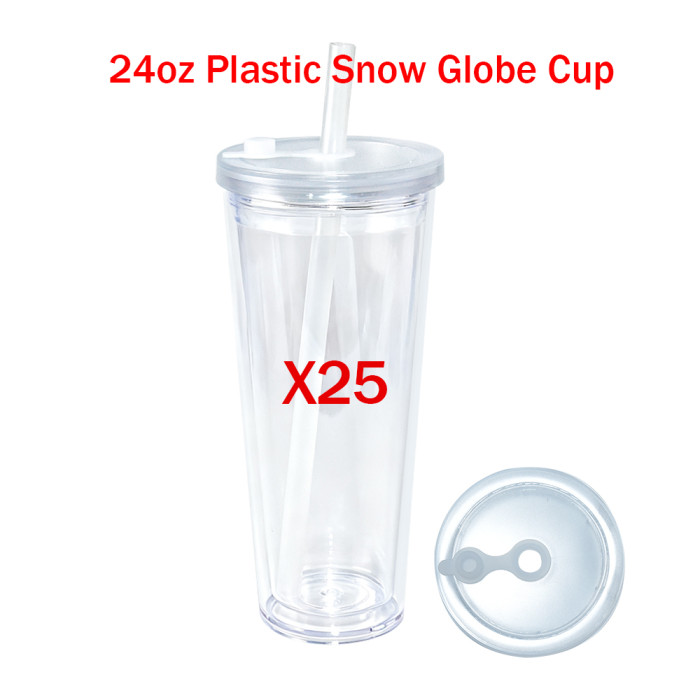 US warehosue 24oz Acrylic Clear Snow Globe Cup with Clear leakproof lid+straw,pre-hole with plug