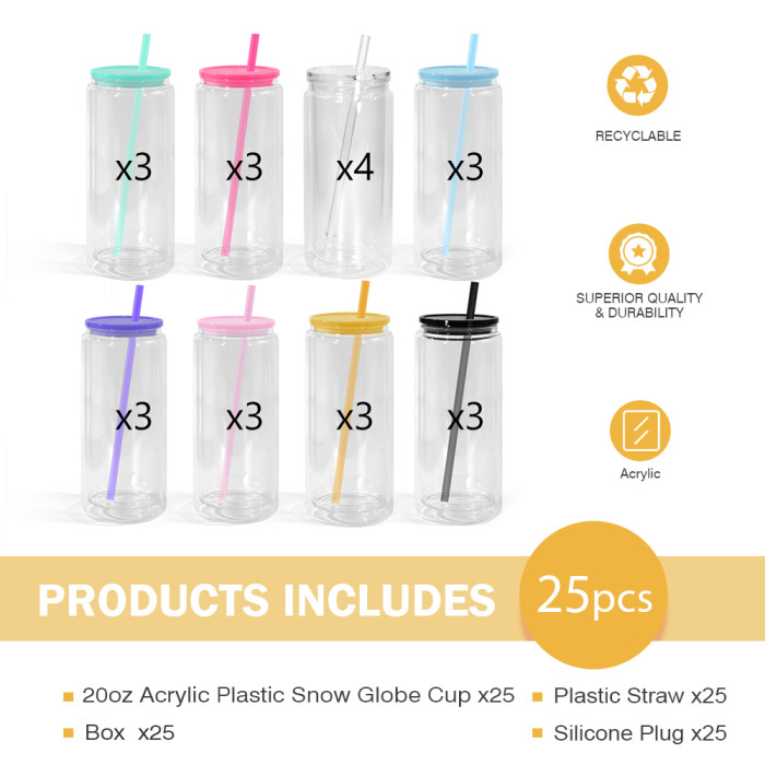 US Warehouse 20oz Double Wall clear Acrylic plastic snow globe Cup with colored lids/Straw,pre-hole