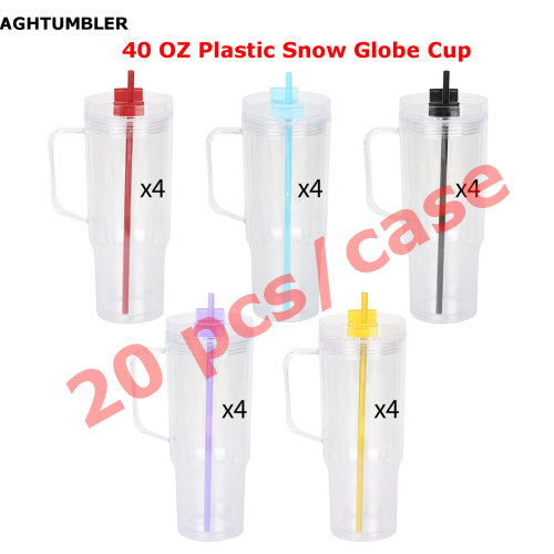US Warehouse 40oz clear Acrylic plastic snow globe Cup with colored straws+plugs