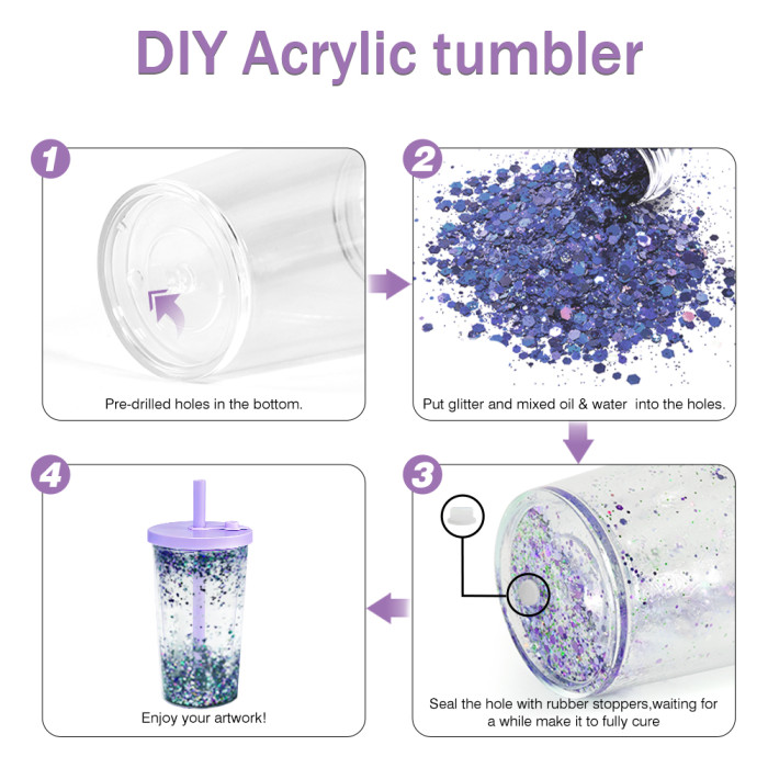 US warehosue 16oz Acrylic Clear Snow Globe Cup with Colored leakproof lid+straw,pre-hole with plug